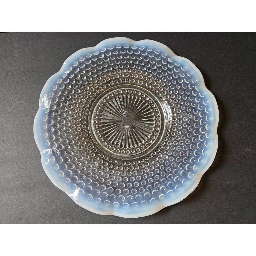 Vintage Opalescent Hobnail Glass Plate With Scalloped Edge 10-Inch Diameter